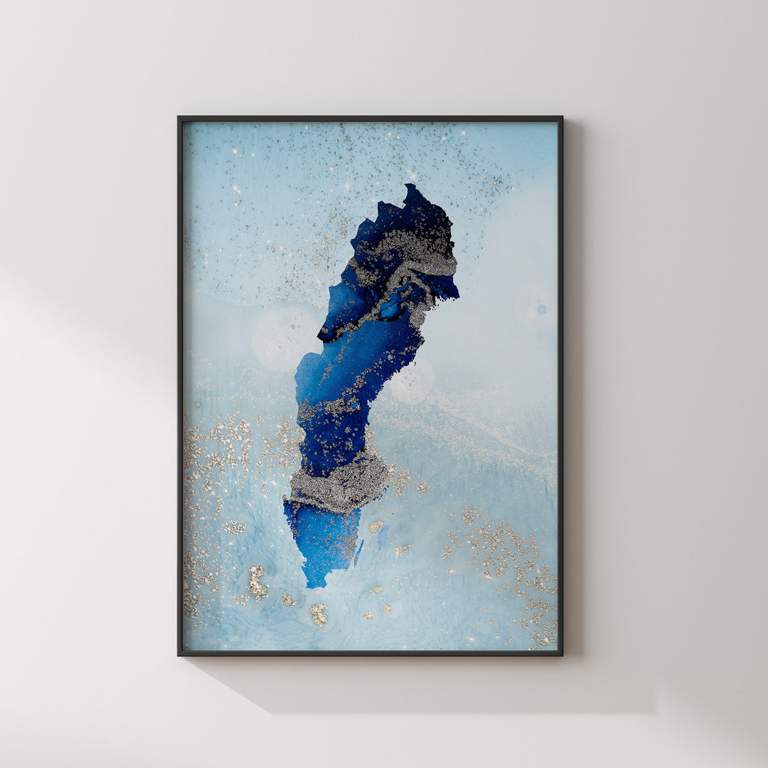 Sweden Map Shades of Blue & Silver Wall Art Print