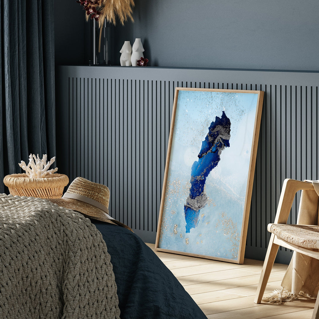 Sweden Map Shades of Blue & Silver Wall Art Print