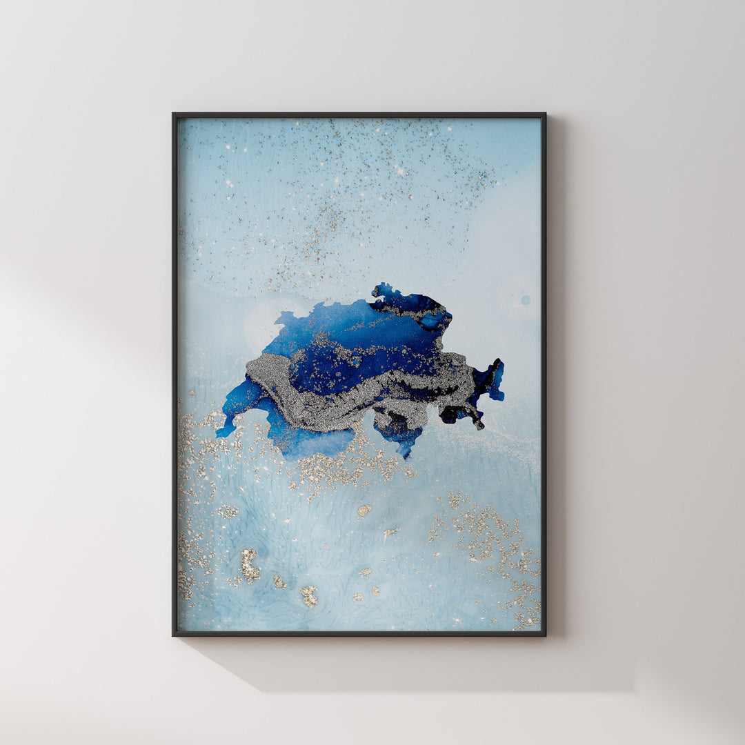 Switzerland Map Shades of Blue & Silver Wall Art Print