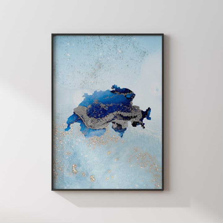 Switzerland Map Shades of Blue & Silver Wall Art Print