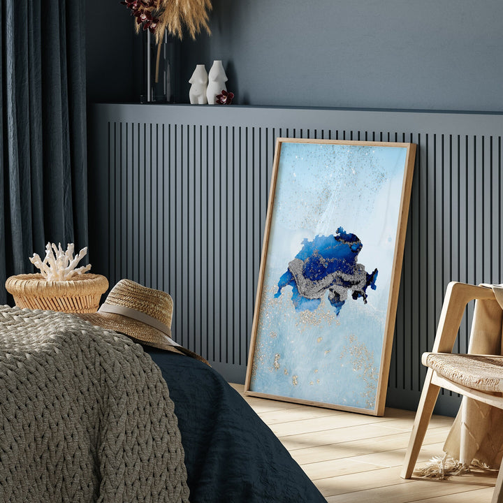 Switzerland Map Shades of Blue & Silver Wall Art Print