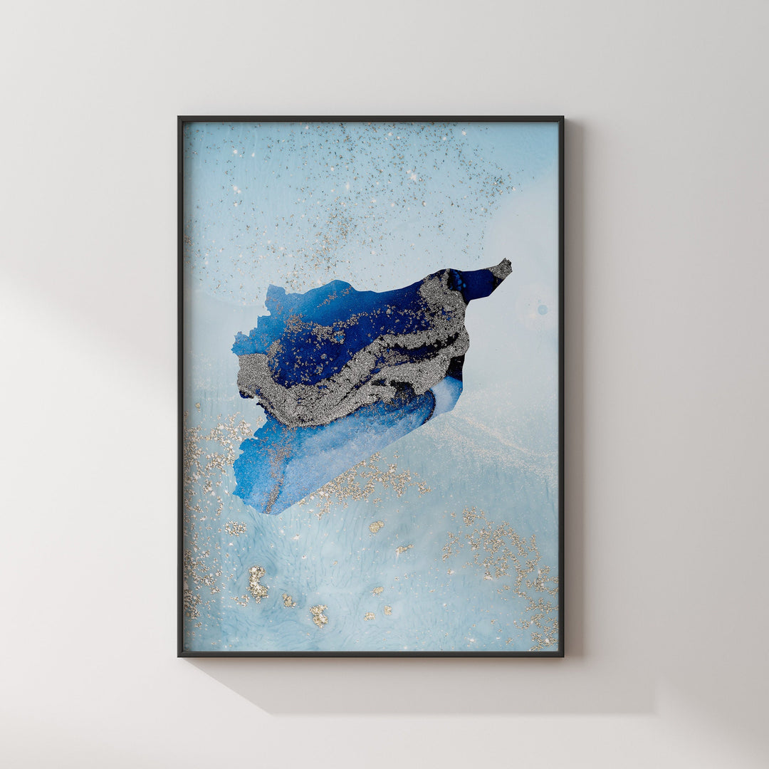 Syria Map Shades of Blue & Silver Wall Art Print