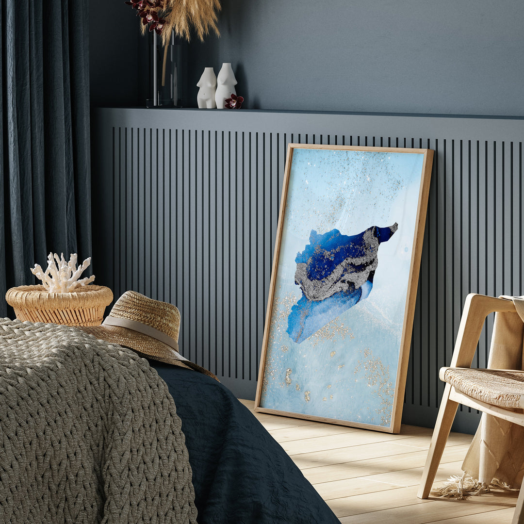 Syria Map Shades of Blue & Silver Wall Art Print