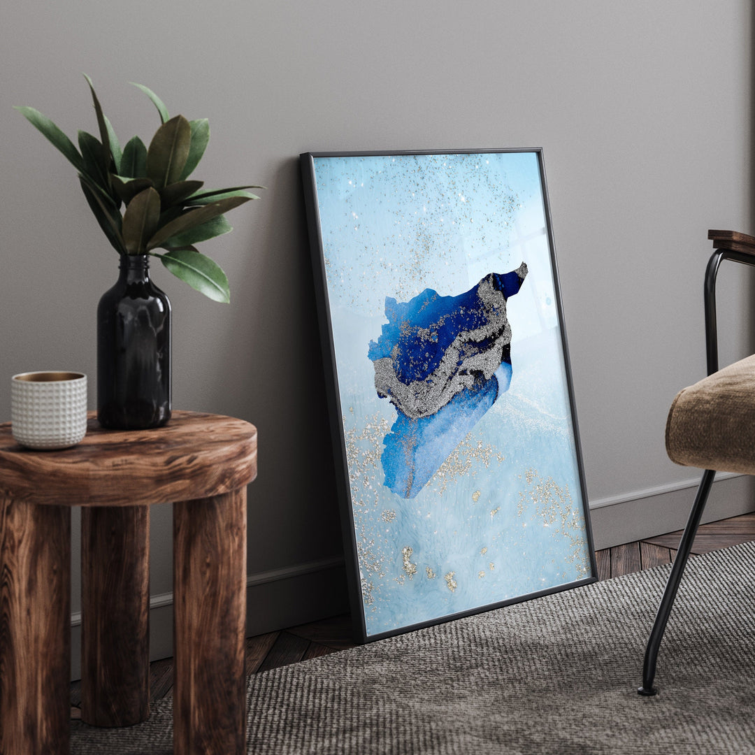 Syria Map Shades of Blue & Silver Wall Art Print