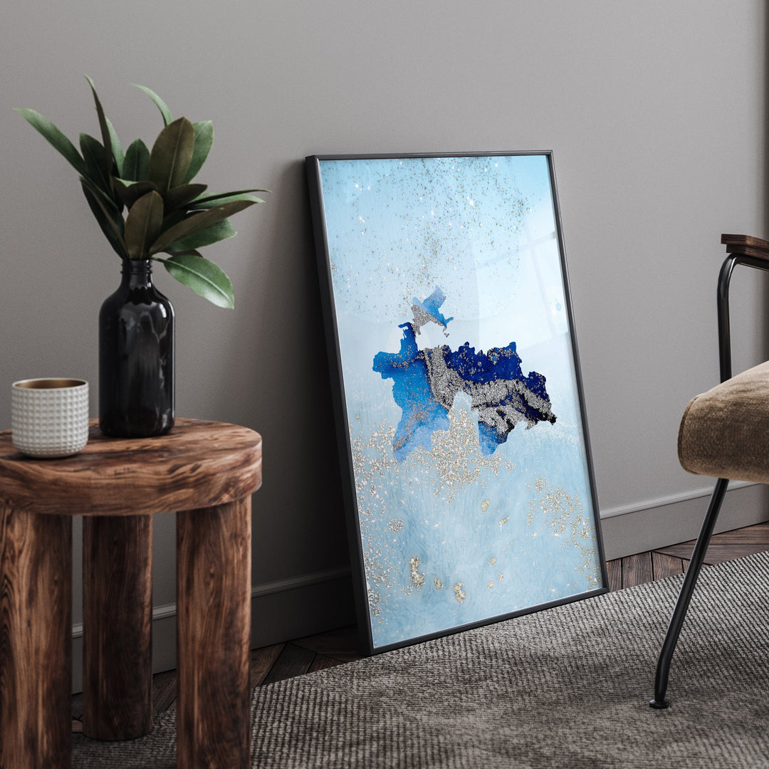 Tajikistan Map Shades of Blue & Silver Wall Art Print