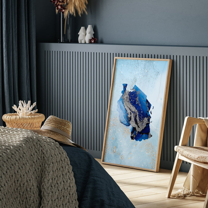 Tanzania Map Shades of Blue & Silver Wall Art Print