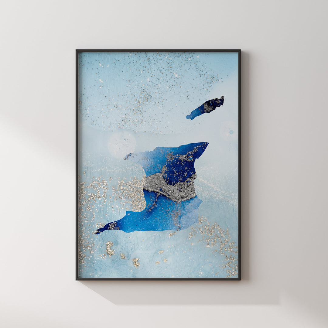 Trinidad and Tobago Map Shades of Blue & Silver Wall Art Print
