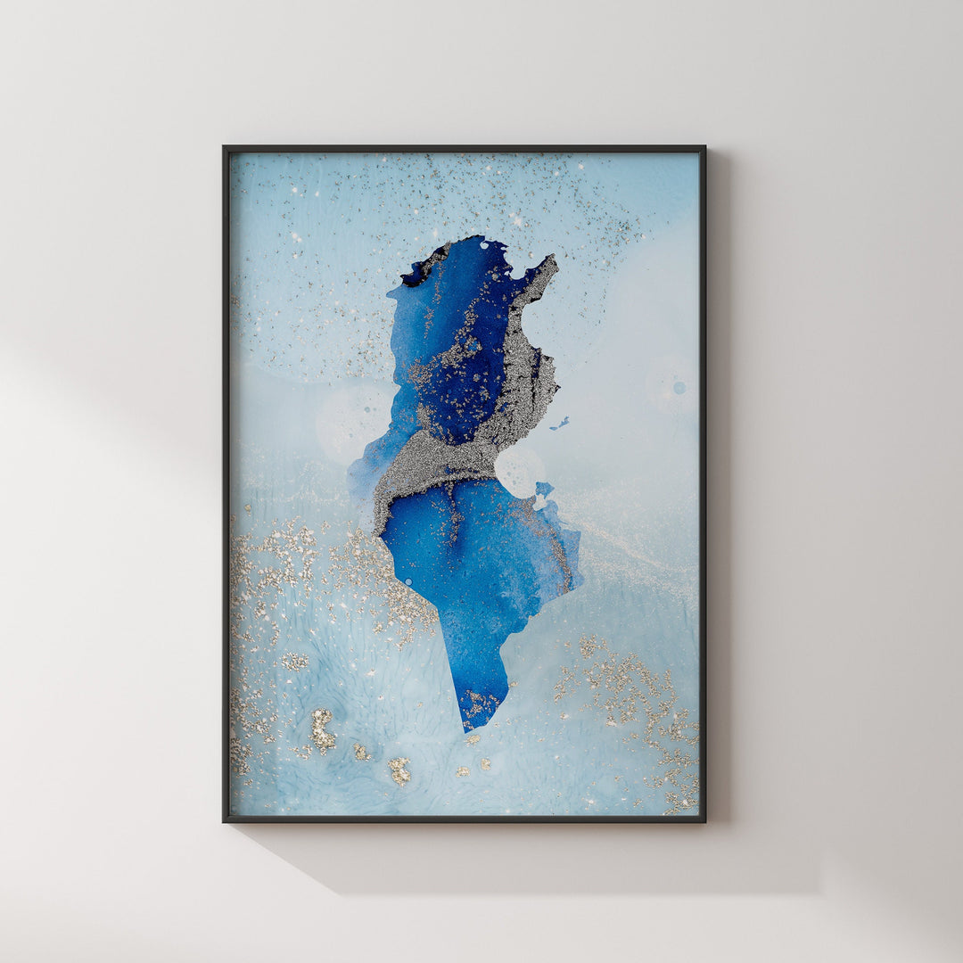 Tunisia Map Shades of Blue & Silver Wall Art Print