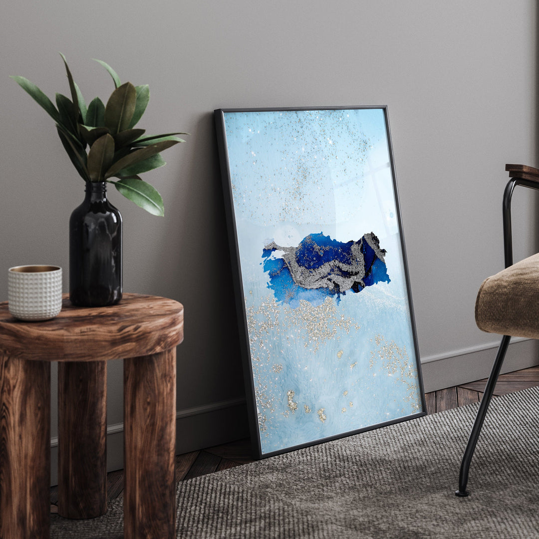 Turkey Map Shades of Blue & Silver Wall Art Print