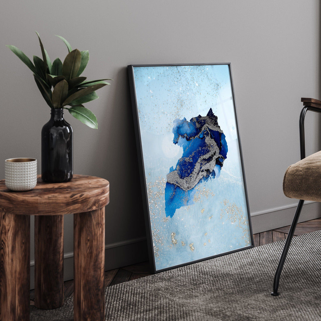 Uganda Map Shades of Blue & Silver Wall Art Print