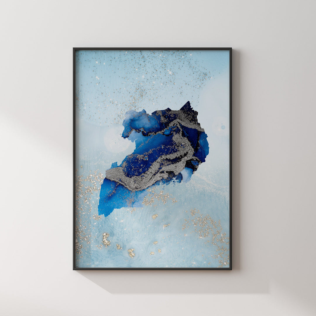Uganda Map Shades of Blue & Silver Wall Art Print