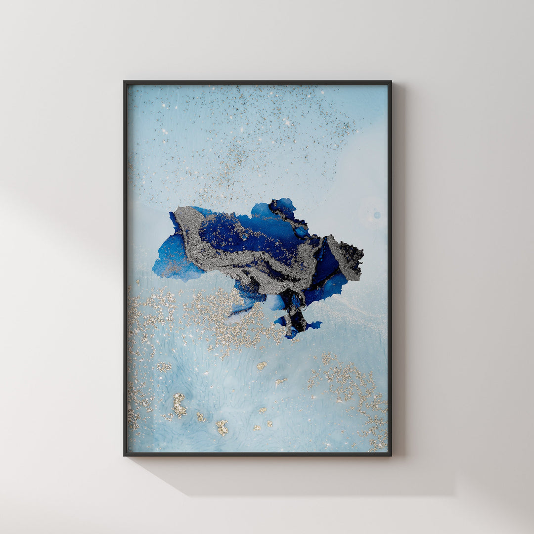 Ukraine Map Shades of Blue & Silver Wall Art Print