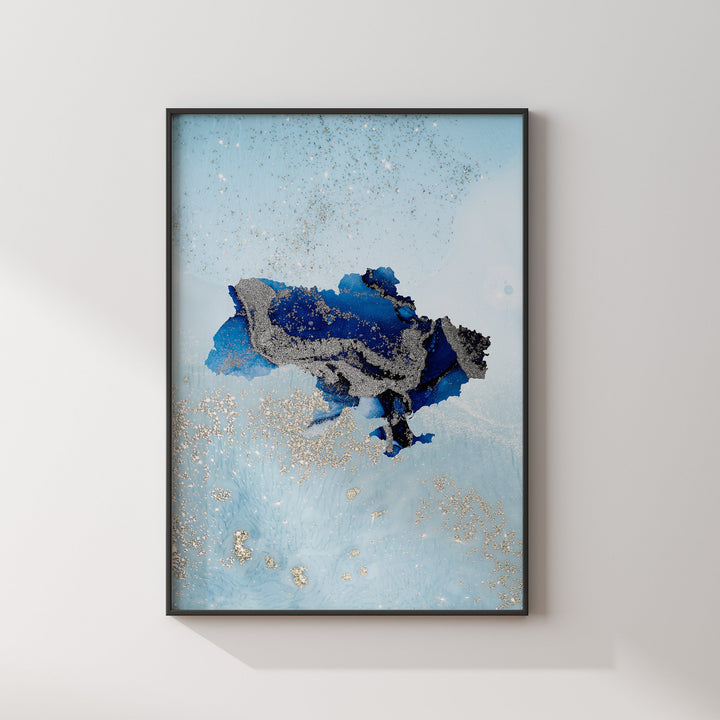 Ukraine Map Shades of Blue & Silver Wall Art Print