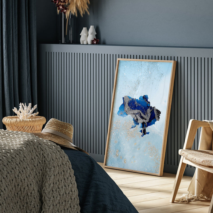 Ukraine Map Shades of Blue & Silver Wall Art Print