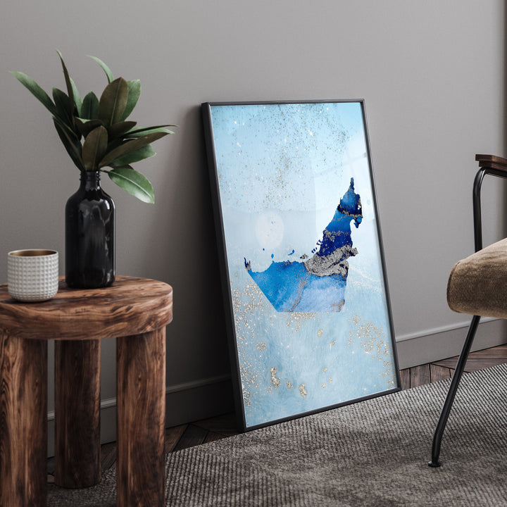 United Arab Emirates Map Shades of Blue & Silver Wall Art Print