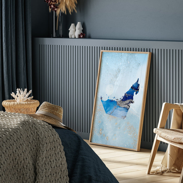 United Arab Emirates Map Shades of Blue & Silver Wall Art Print