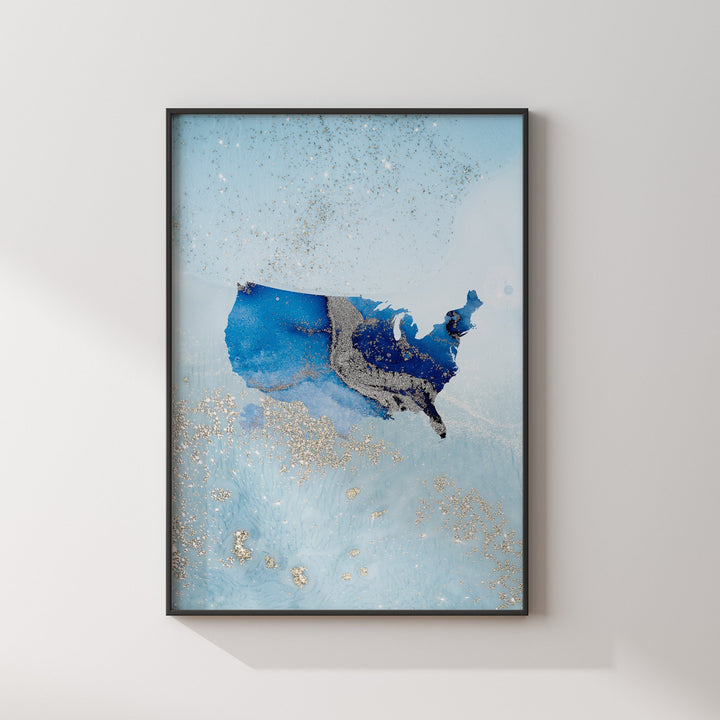 United States of America Map Shades of Blue & Silver Wall Art Print | USA