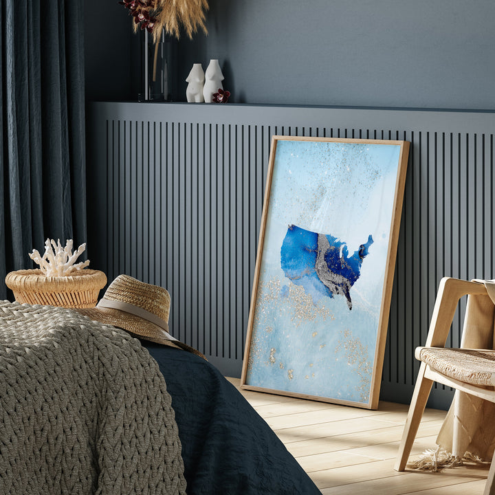 United States of America Map Shades of Blue & Silver Wall Art Print | USA