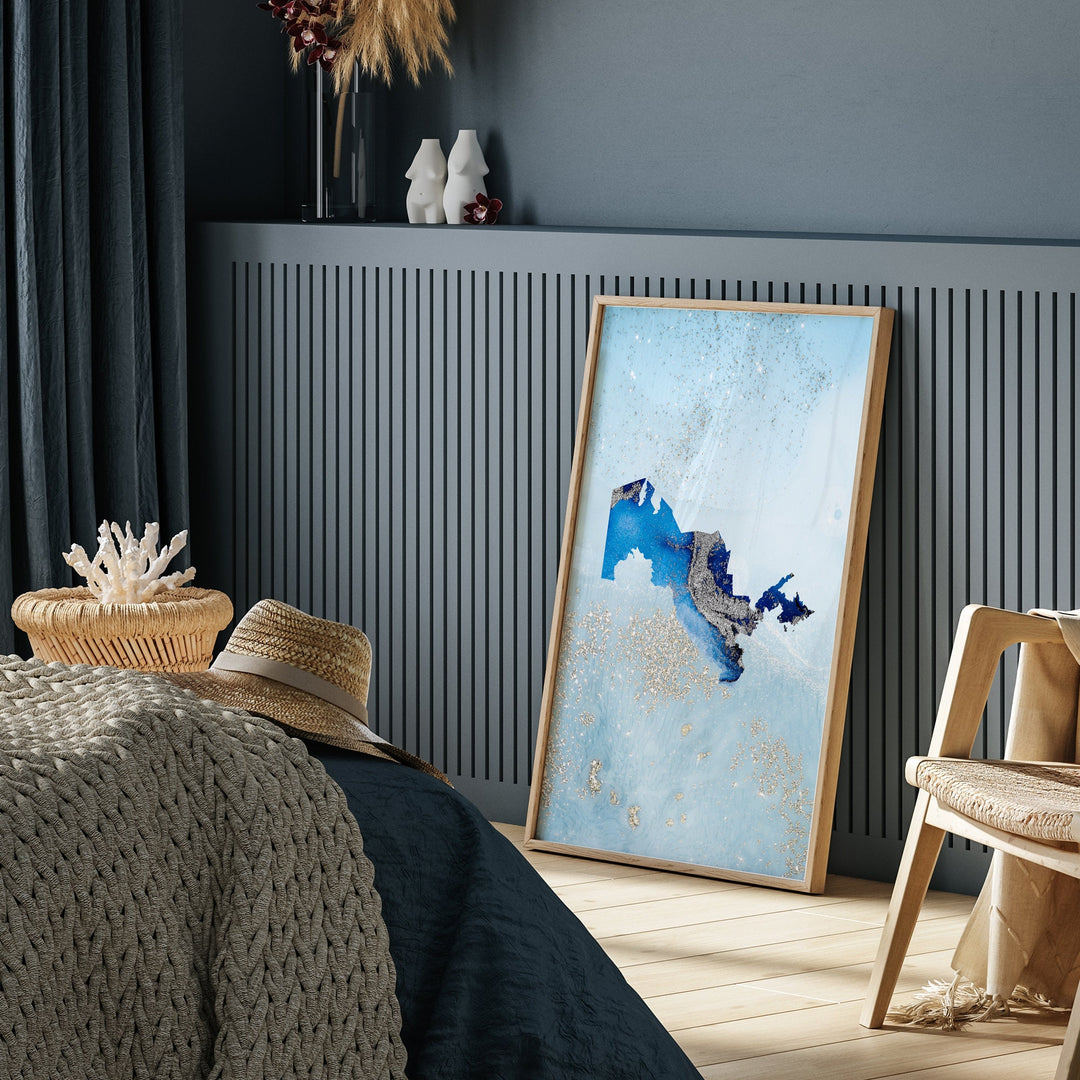 Uzbekistan Map Shades of Blue & Silver Wall Art Print