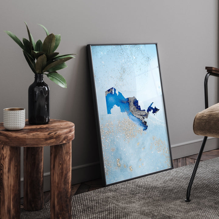 Uzbekistan Map Shades of Blue & Silver Wall Art Print
