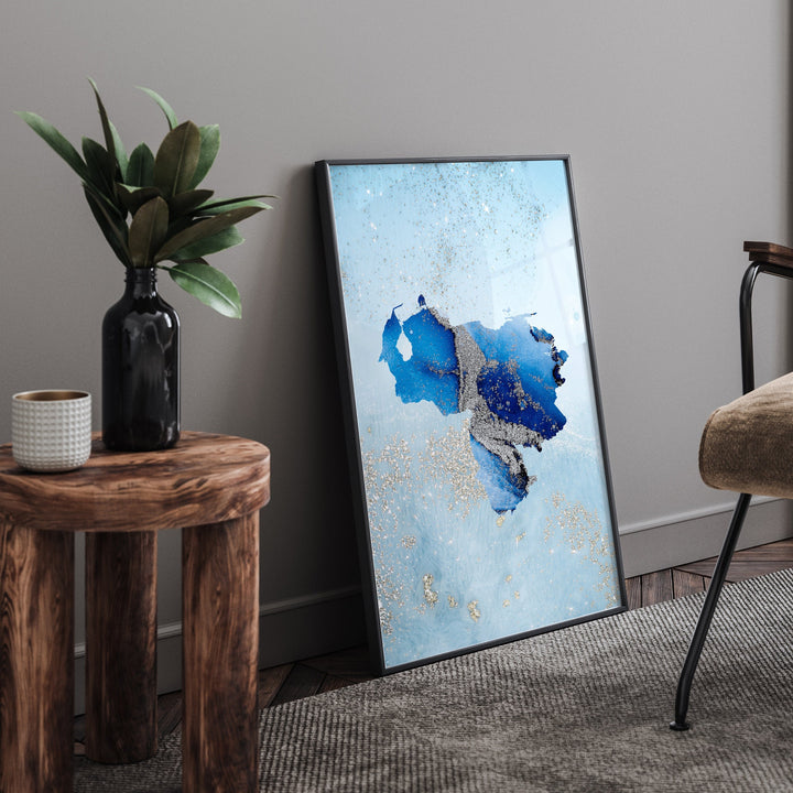Venezuela Map Shades of Blue & Silver Wall Art Print