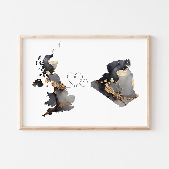 Britain and Algeria Map Black & Gold Travel Wall Art Print | United Kingdom | UK