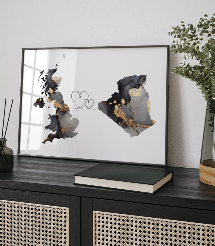 Britain and Algeria Map Black & Gold Travel Wall Art Print | United Kingdom | UK