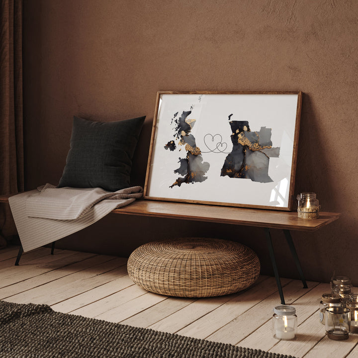 Britain and Angola Map Black & Gold Travel Wall Art Print | United Kingdom | UK