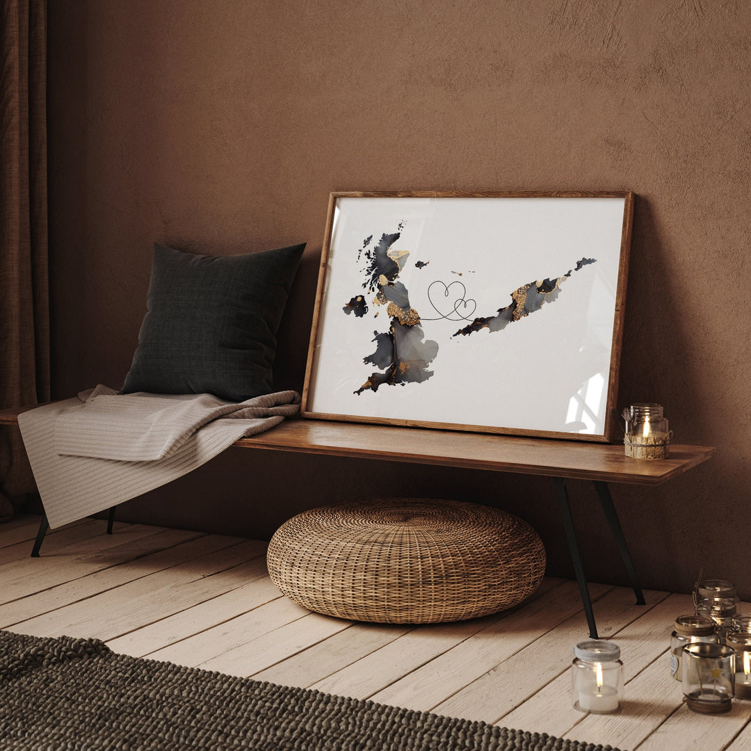 Britain and Anguilla Map Black & Gold Travel Wall Art Print | United Kingdom | UK