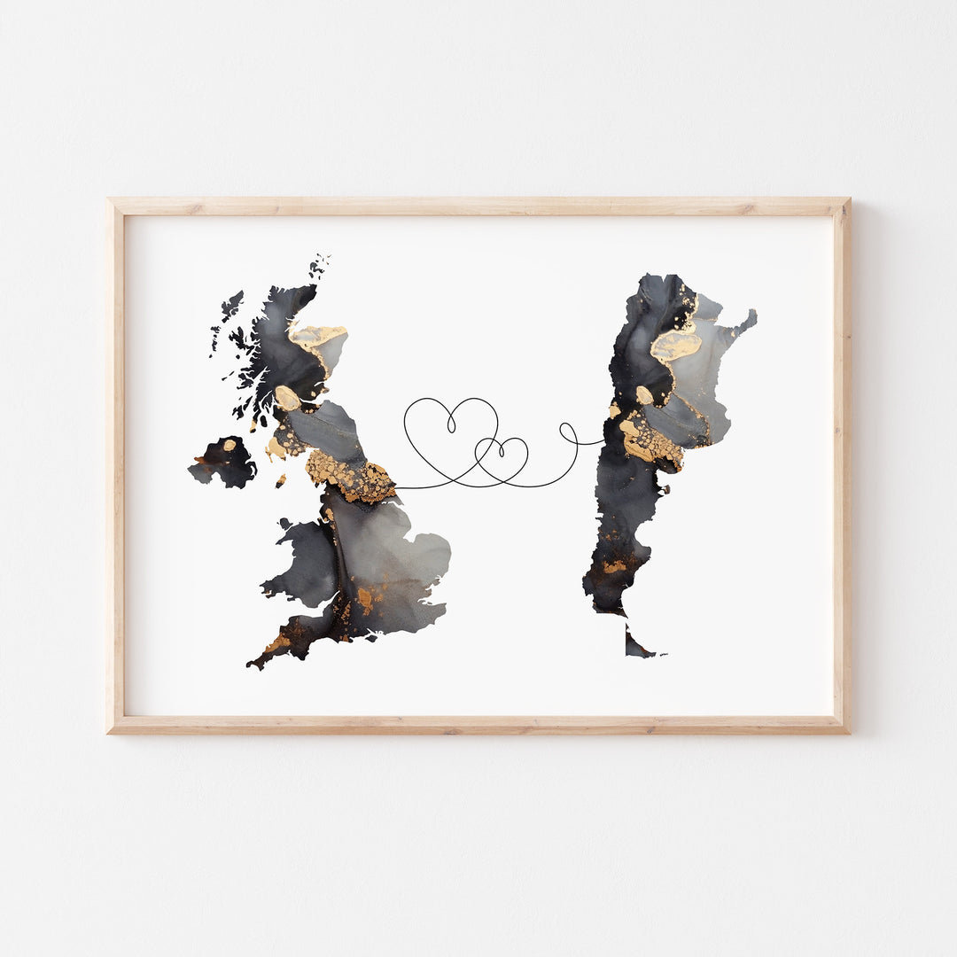 Britain and Argentina Map Black & Gold Travel Wall Art Print | United Kingdom | UK