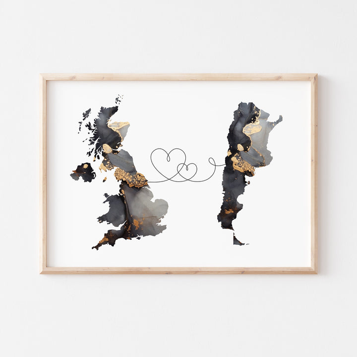 Britain and Argentina Map Black & Gold Travel Wall Art Print | United Kingdom | UK