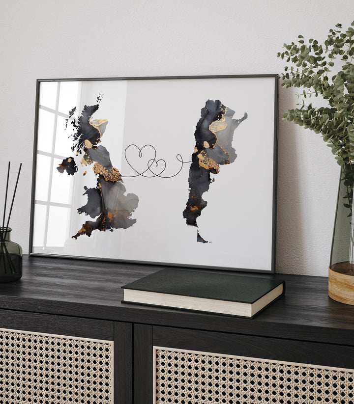 Britain and Argentina Map Black & Gold Travel Wall Art Print | United Kingdom | UK