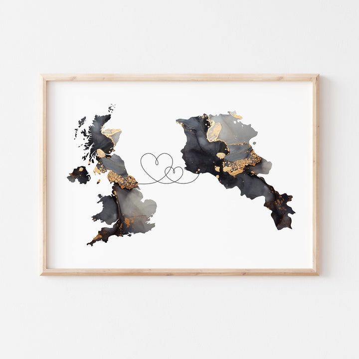 Britain and Armenia Map Black & Gold Travel Wall Art Print | United Kingdom | UK