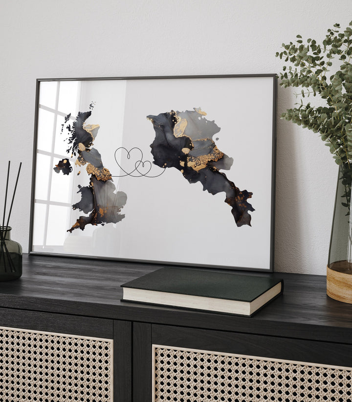 Britain and Armenia Map Black & Gold Travel Wall Art Print | United Kingdom | UK