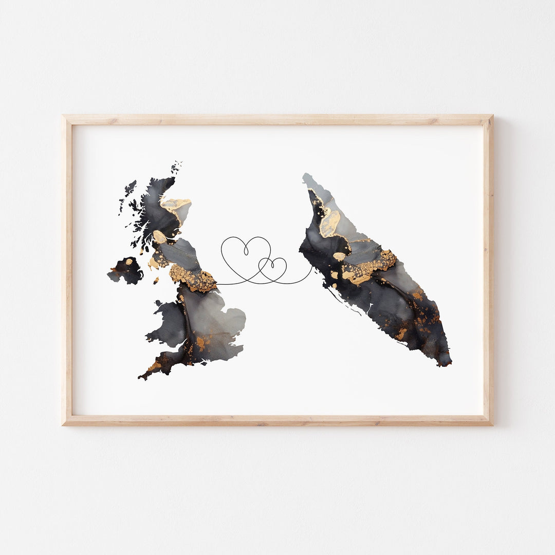 Britain and Aruba Map Black & Gold Travel Wall Art Print | United Kingdom | UK