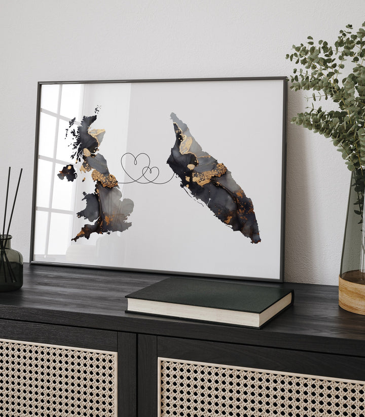 Britain and Aruba Map Black & Gold Travel Wall Art Print | United Kingdom | UK