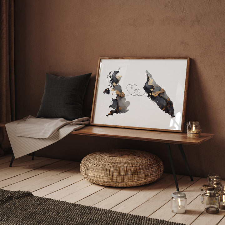 Britain and Aruba Map Black & Gold Travel Wall Art Print | United Kingdom | UK