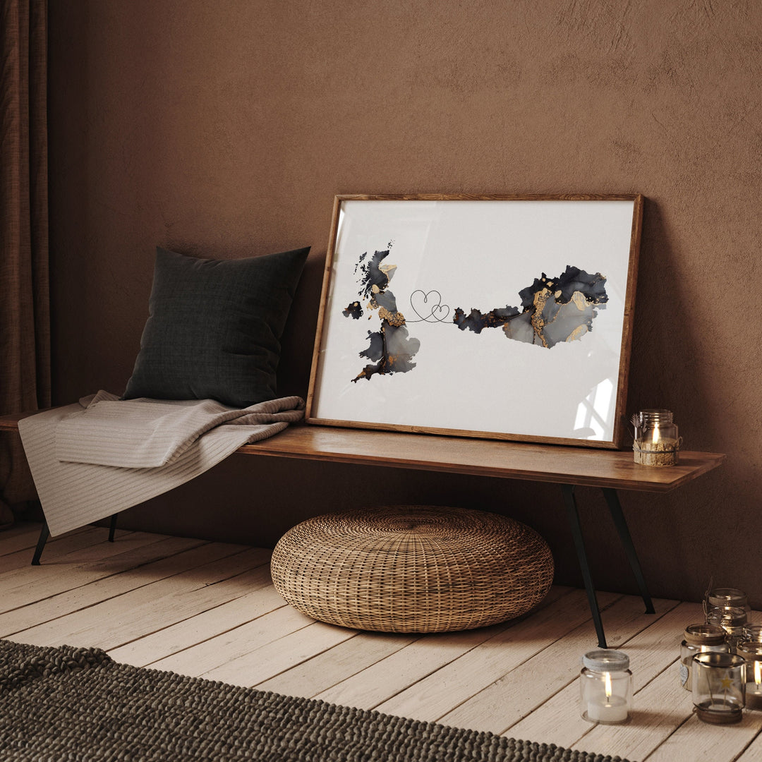 Britain and Austria Map Black & Gold Travel Wall Art Print | United Kingdom | UK