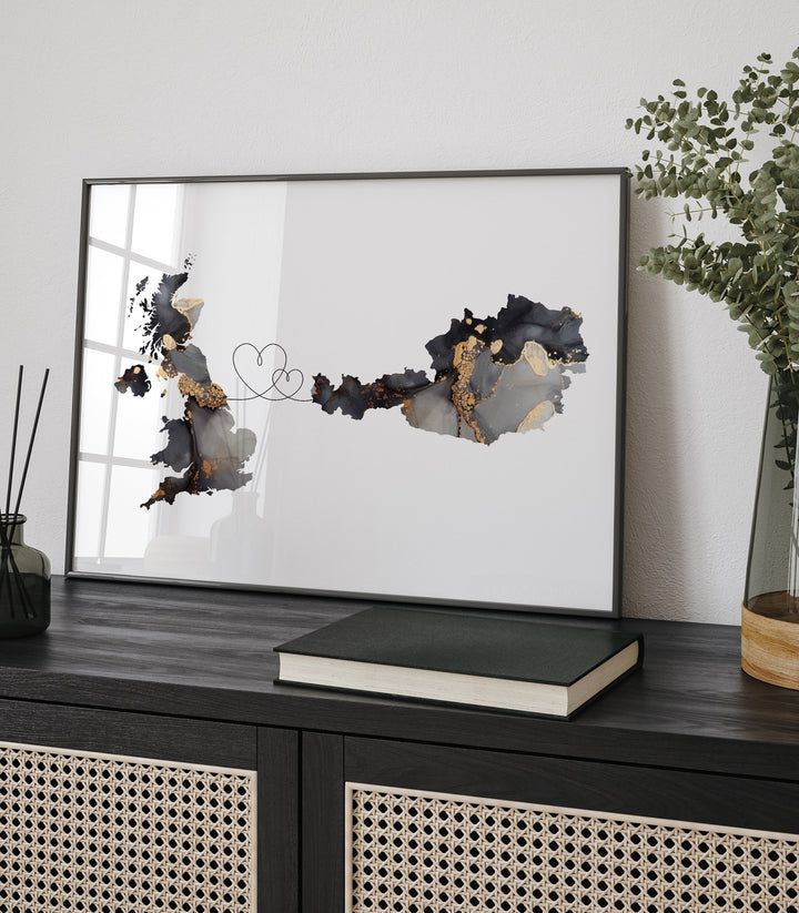 Britain and Austria Map Black & Gold Travel Wall Art Print | United Kingdom | UK