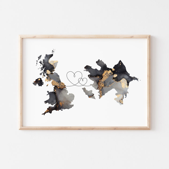 Britain and Azerbaijan Map Black & Gold Travel Wall Art Print | United Kingdom | UK