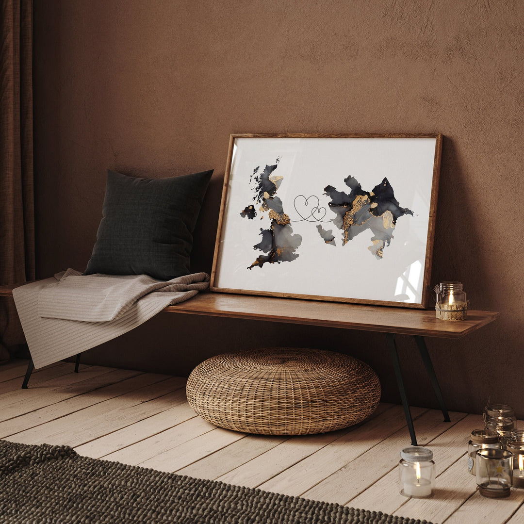 Britain and Azerbaijan Map Black & Gold Travel Wall Art Print | United Kingdom | UK