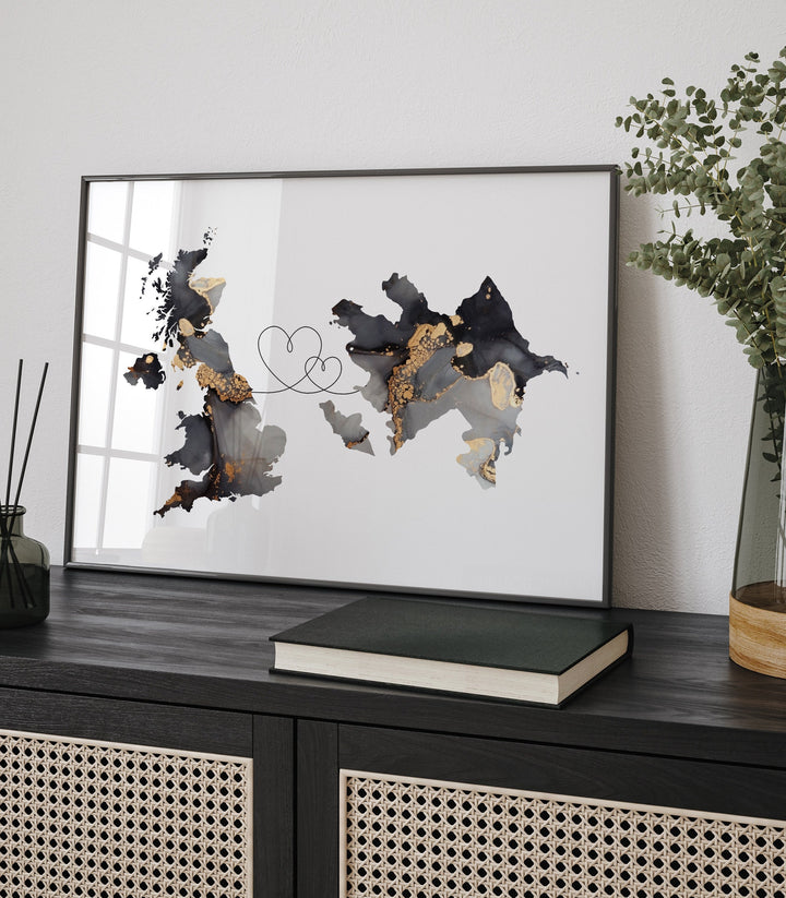 Britain and Azerbaijan Map Black & Gold Travel Wall Art Print | United Kingdom | UK