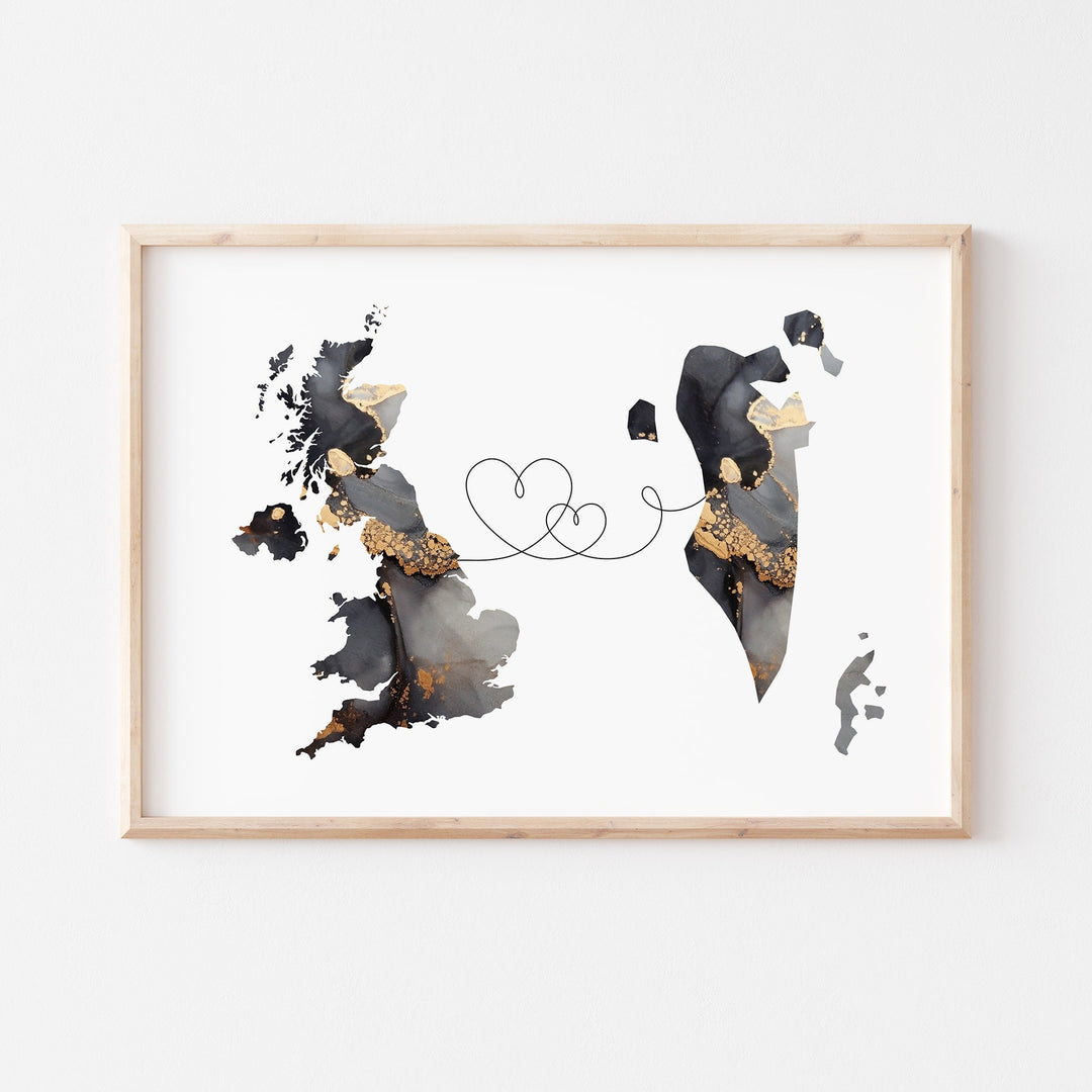 Britain and Bahrain Map Black & Gold Travel Wall Art Print | United Kingdom | UK