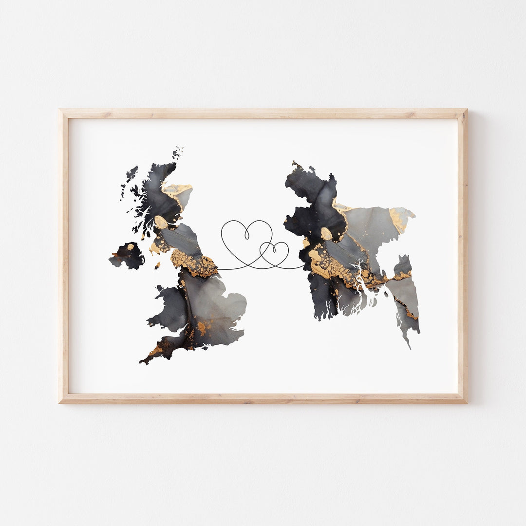 Britain and Bangladesh Map Black & Gold Travel Wall Art Print | United Kingdom | UK