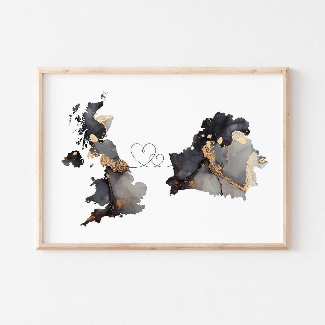 Britain and Belarus Map Black & Gold Travel Wall Art Print | United Kingdom | UK