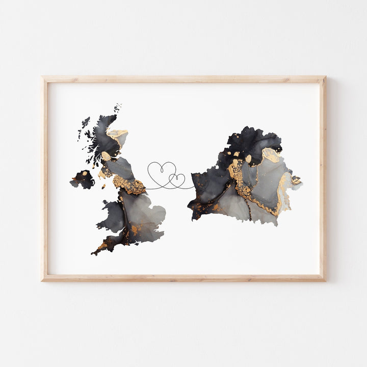 Britain and Belarus Map Black & Gold Travel Wall Art Print | United Kingdom | UK