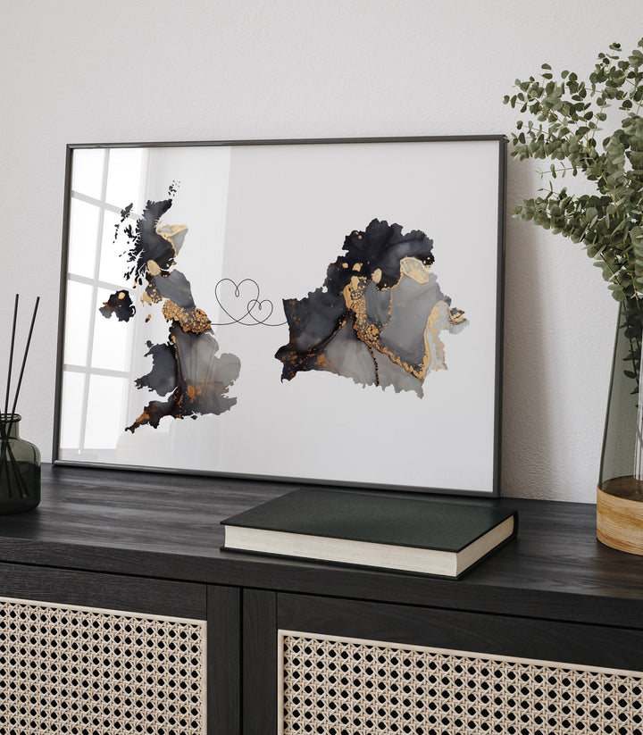 Britain and Belarus Map Black & Gold Travel Wall Art Print | United Kingdom | UK