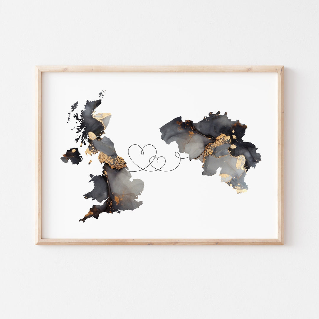 Britain and Belgium Map Black & Gold Travel Wall Art Print | United Kingdom | UK