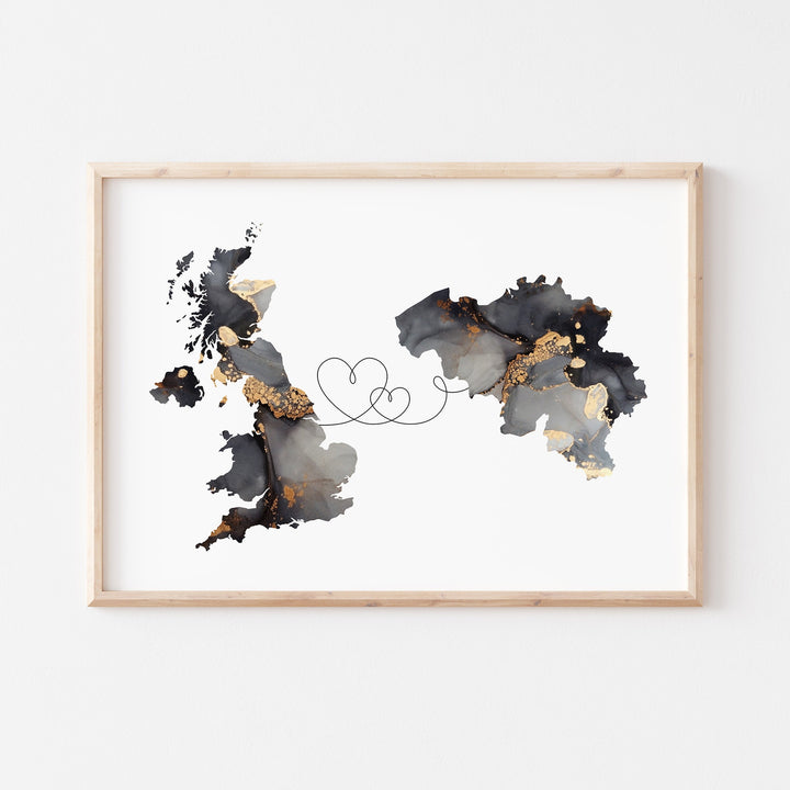 Britain and Belgium Map Black & Gold Travel Wall Art Print | United Kingdom | UK