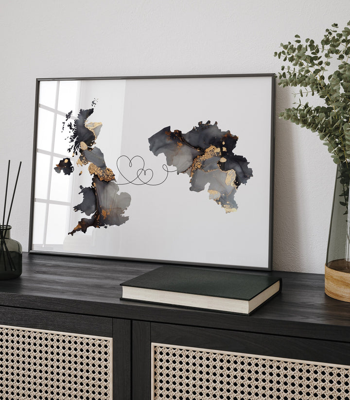 Britain and Belgium Map Black & Gold Travel Wall Art Print | United Kingdom | UK